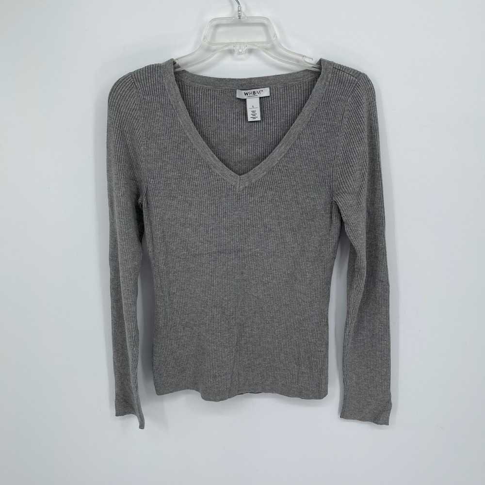 WHBM White House Black Market Women's Gray Ribbed V-Neck Slim Fit Sweater Size L
